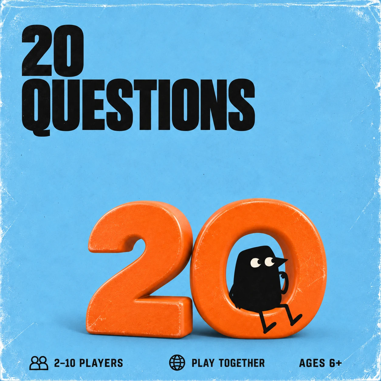 20 Questions cover with our black crow and sculptural bright orange numerals 20. 2–10 PLAYERS, play together, suggested AGES 6+.