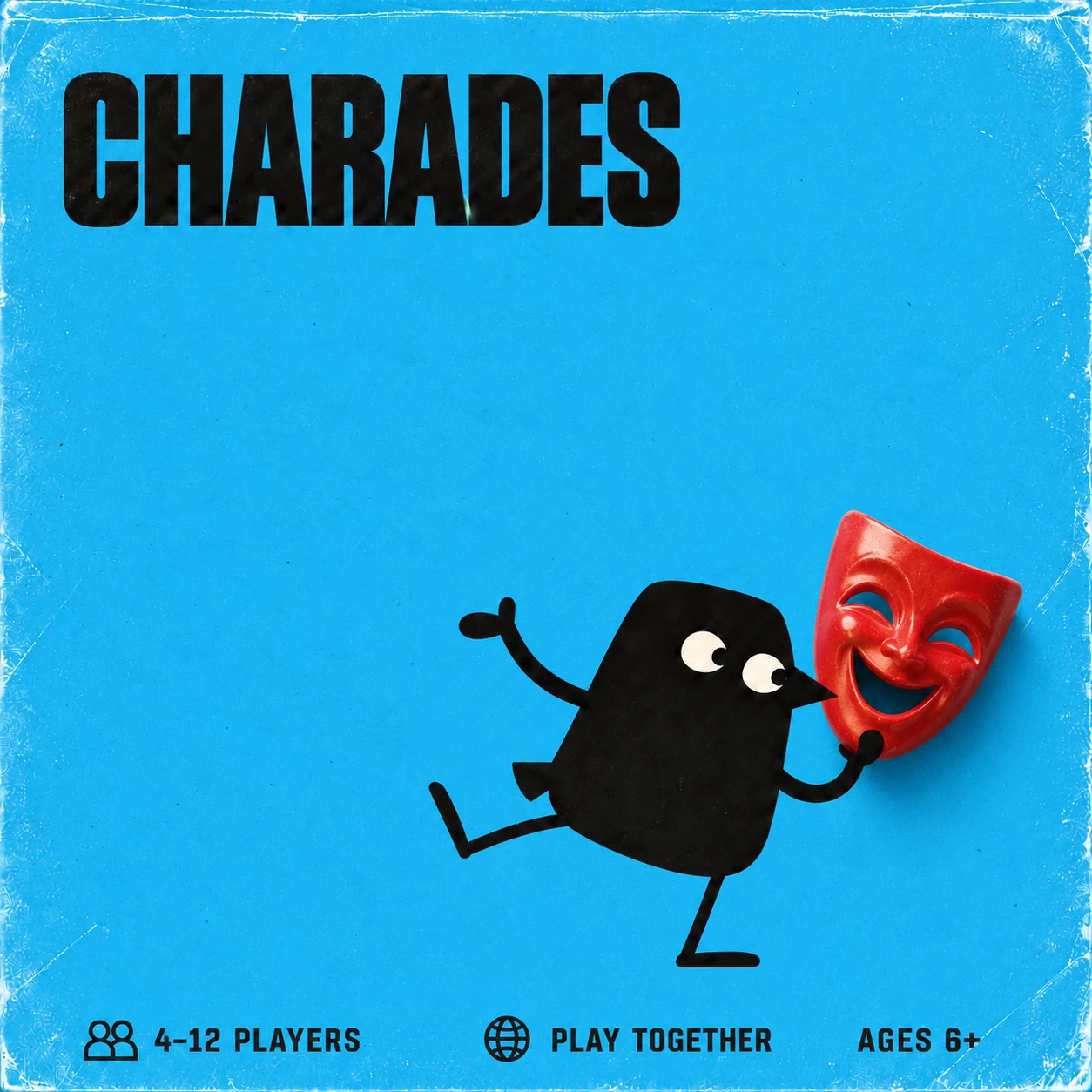 Charades cover with our black crow and tomato red sculptural theatre mask. 4–12 PLAYERS, play together, suggested AGES 6+.