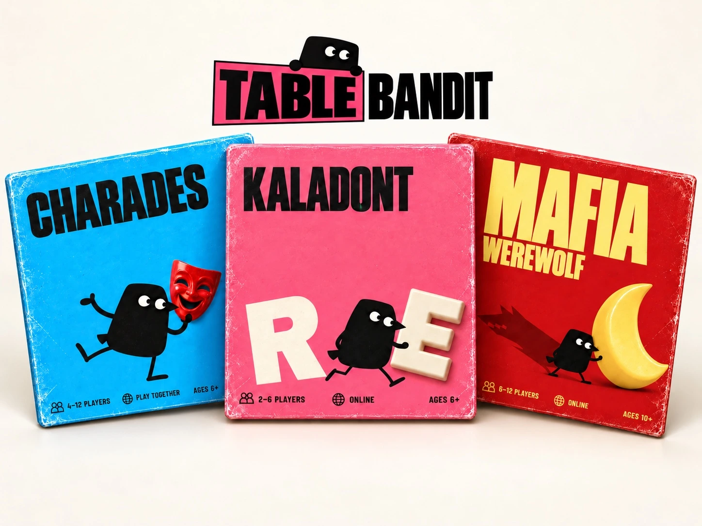Charades, Kaladont and Mafia covers in the Table Bandit identity designed by Viktor Davkov