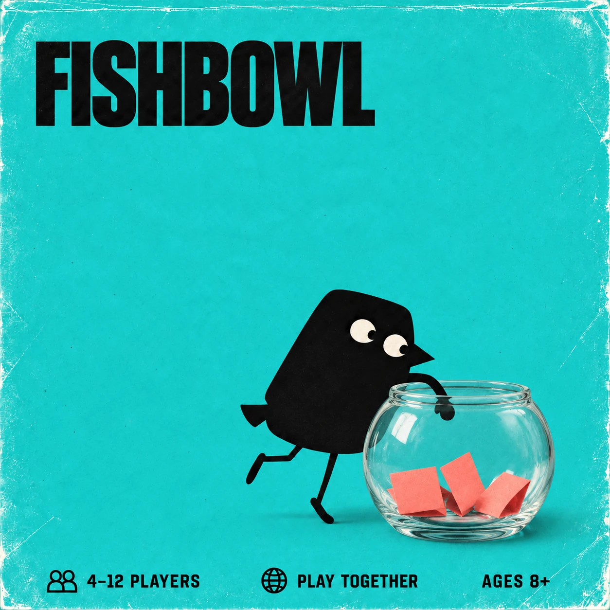 Fishbowl cover with our black crow and transparent glass fishbowl containing three folded coral paper slips. 4–12 PLAYERS, play together, suggested AGES 8+.
