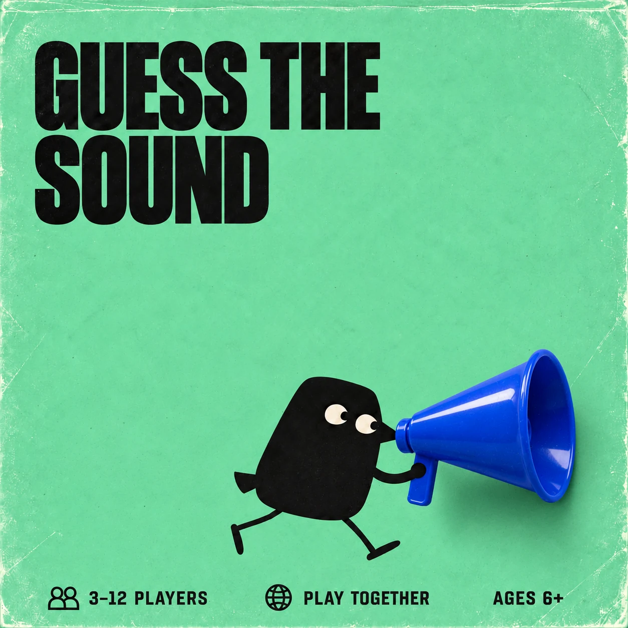 Guess The Sound cover with our black crow and glossy cobalt blue megaphone. 3–12 PLAYERS, play together, suggested AGES 6+.