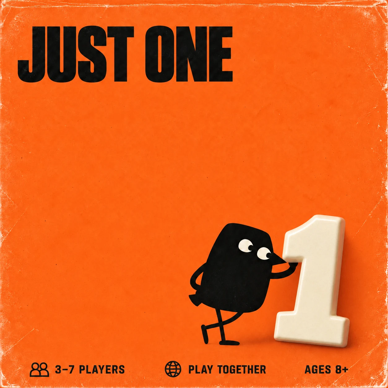 Just One cover with our black crow and a sculptural cream numeral one. 3–7 players, play together, suggested ages 8+.