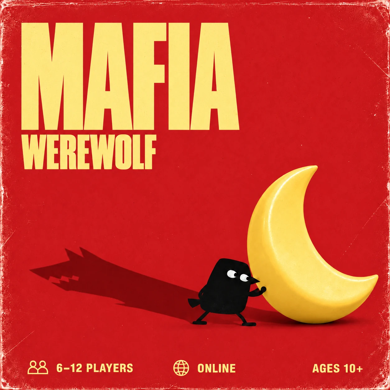 Cherry-red cover with a golden crescent moon and crow casting a wolf shadow. 6–12 players, online, ages 10+.