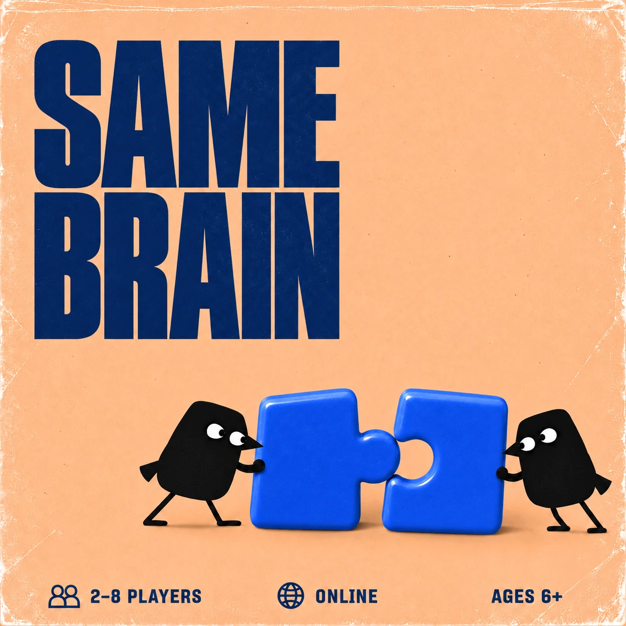 Peach cover with two crows joining cobalt puzzle pieces. 2–8 players, online, ages 6+.