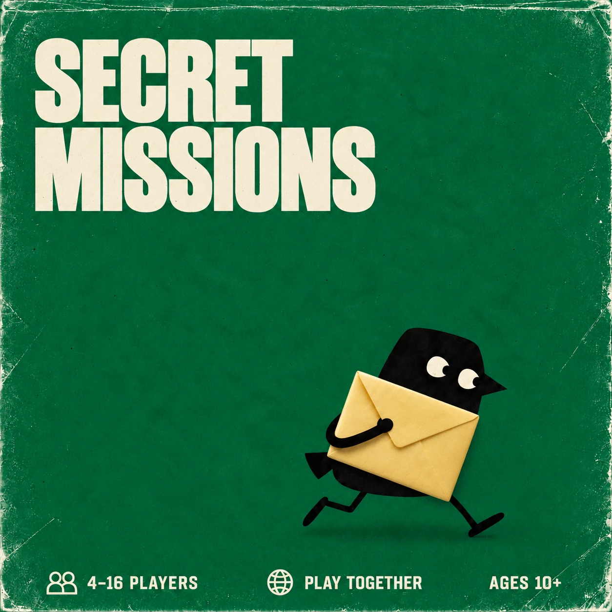 Secret Missions cover with our black crow and butter yellow sculptural sealed envelope. 4–16 PLAYERS, play together, suggested AGES 10+.