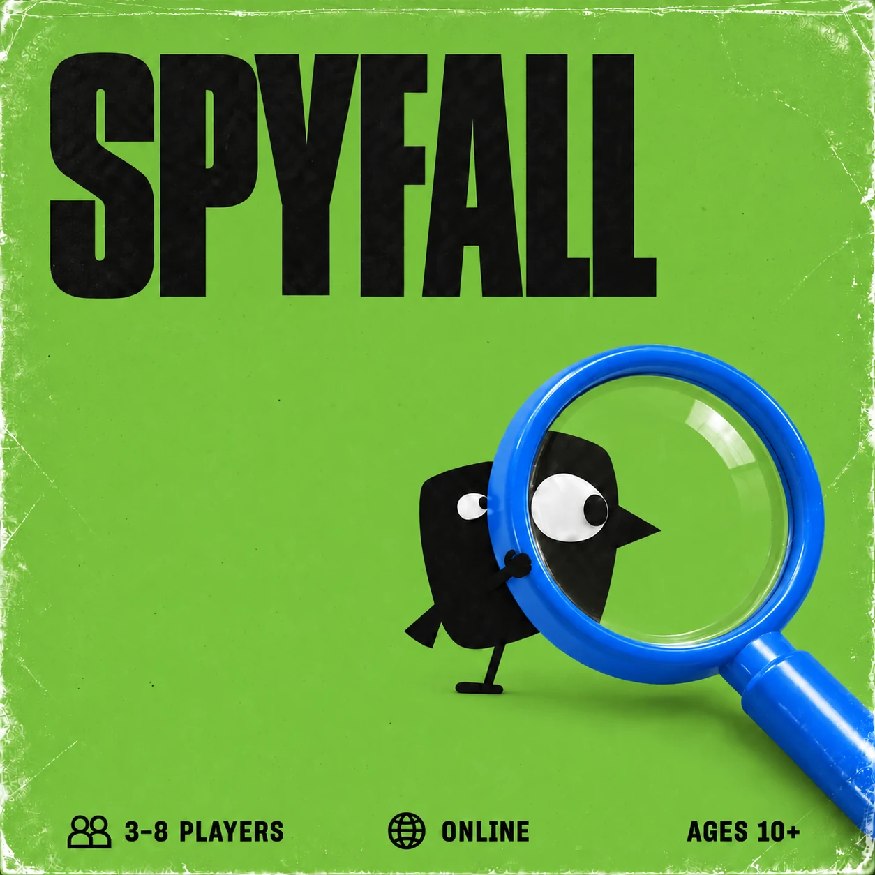 Leaf-green cover with a blue magnifying glass and crow. 3–8 players, online, ages 10+.