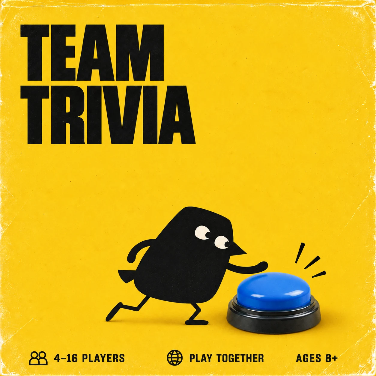 Team Trivia cover with our black crow and bright blue chunky quiz buzzer. 4–16 PLAYERS, play together, suggested AGES 8+.