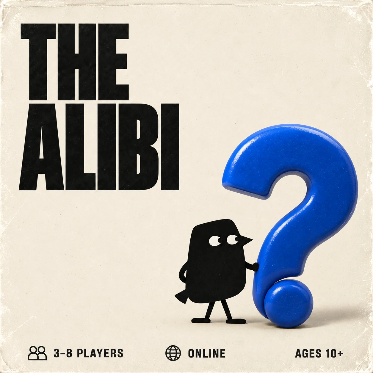 Ivory cover with the crow beside a blue question mark. 3–8 players, online, ages 10+.