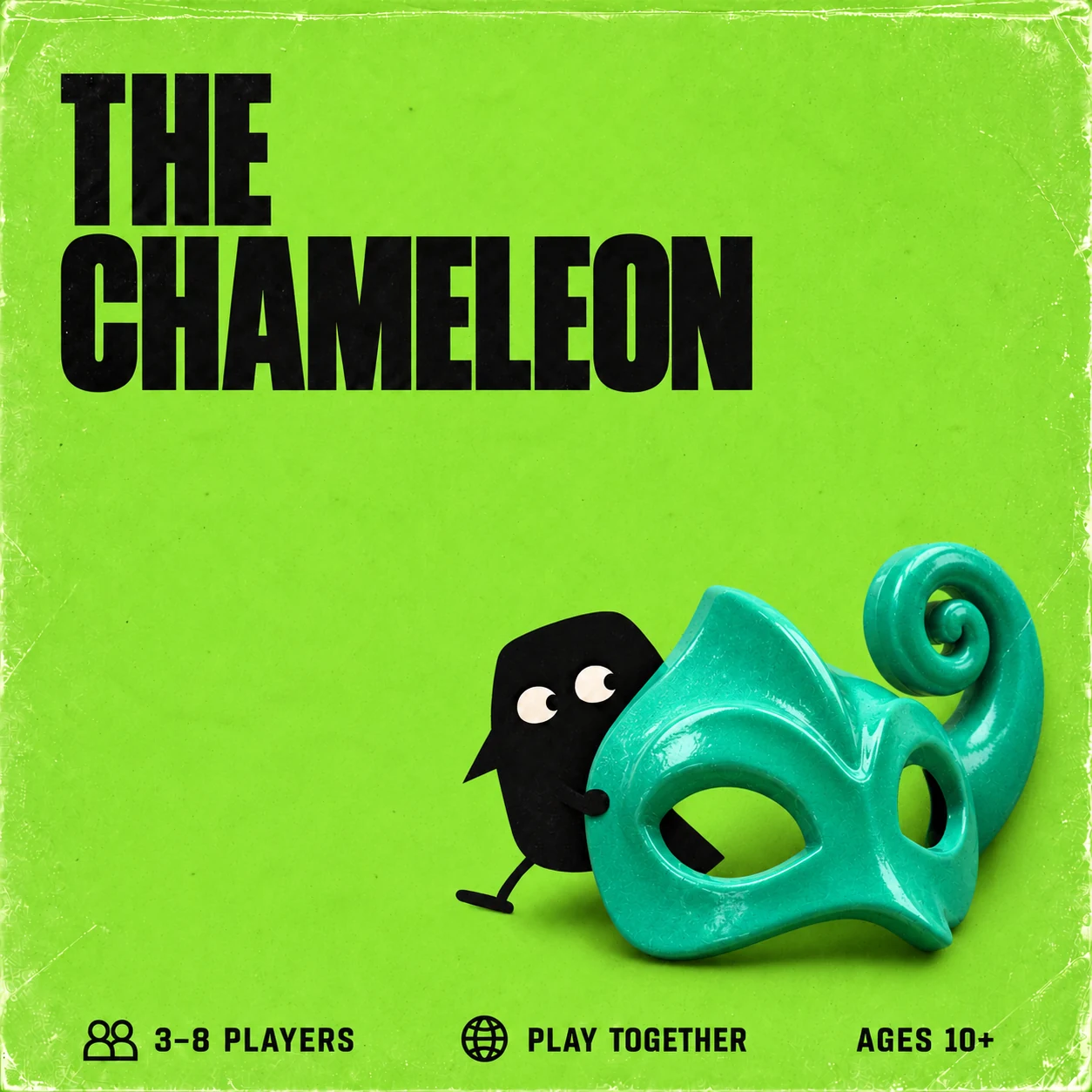 The Chameleon cover with our black crow and a sculptural teal chameleon mask. 3–8 players, play together, suggested ages 10+.