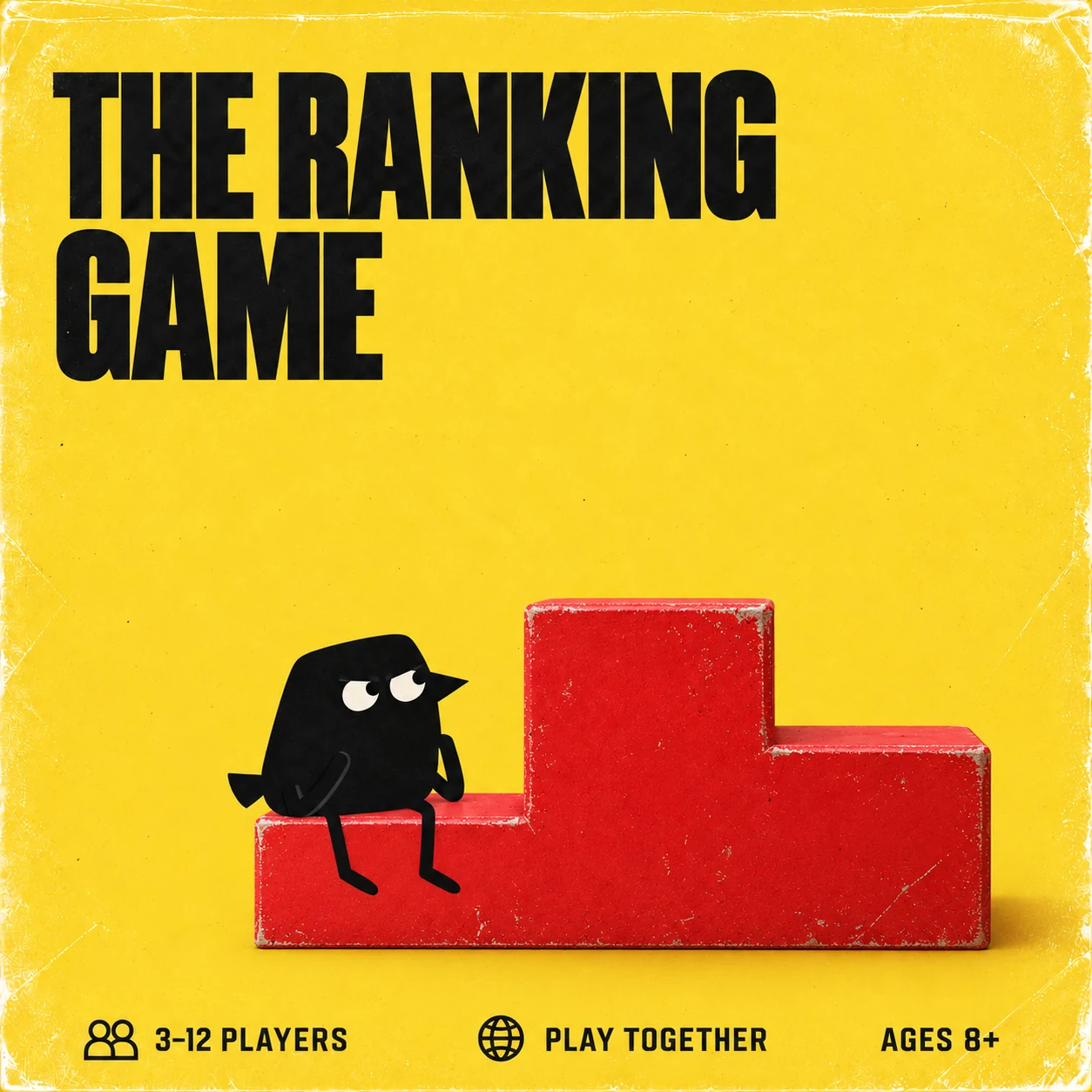 The Ranking Game cover with our black crow and scarlet three-level winners podium. 3–12 PLAYERS, play together, suggested AGES 8+.