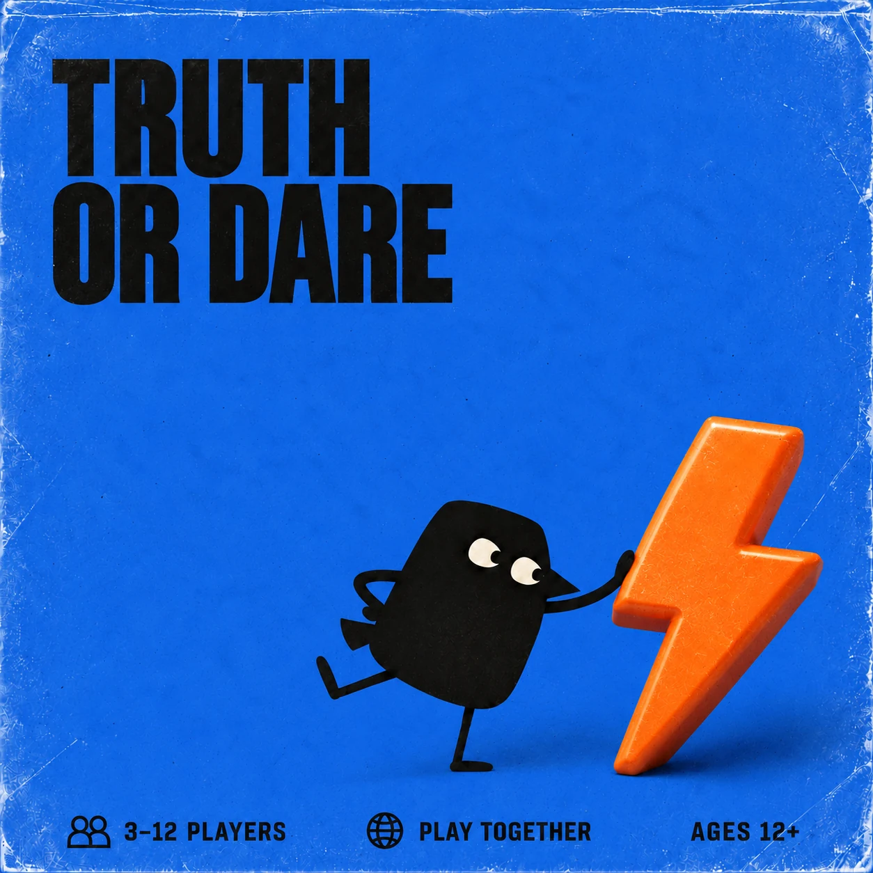 Truth Or Dare cover with our black crow and bright orange sculptural lightning bolt. 3–12 PLAYERS, play together, suggested AGES 12+.