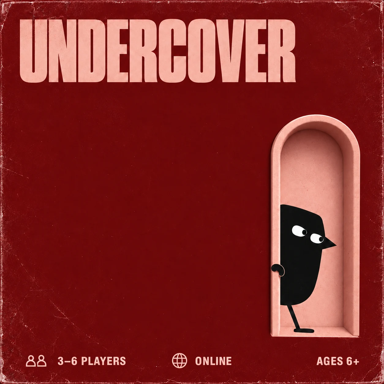 Burgundy Undercover cover with our crow peeking from a sculpted pink doorway. 3–6 players, online, ages 6+.