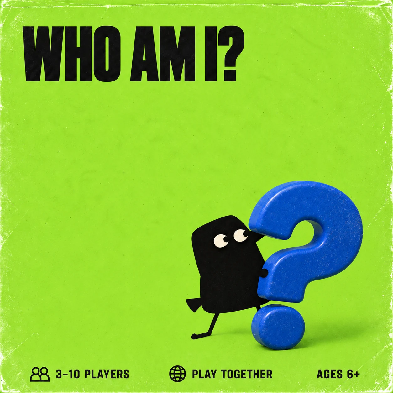 Who Am I? cover with our black crow and cobalt blue sculptural question mark. 3–10 PLAYERS, play together, suggested AGES 6+.